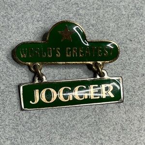 1979 Swib Worlds Greatest Jogger Green Enamel Swinging Articulate Pin Vintage